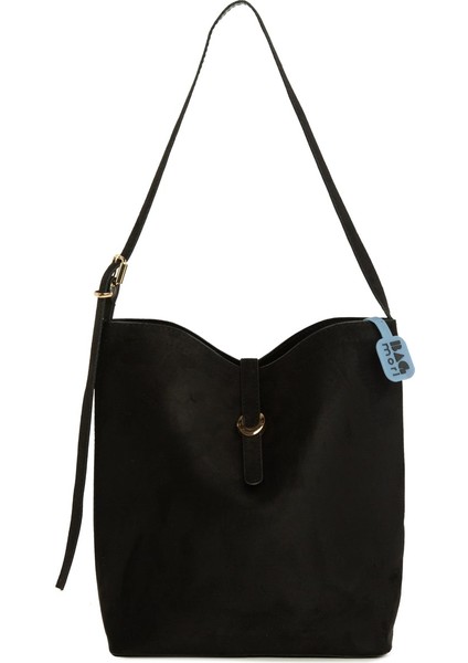 Siyah Şişe Dipli Kemer Detaylı Süet Çanta