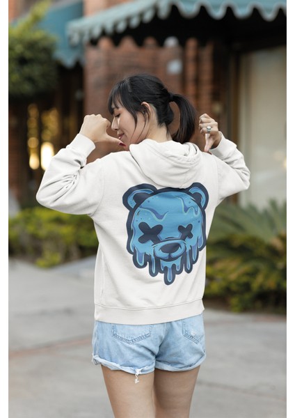 Mavi Ayı Baskılı Oversize Kapüşonlu Sweatshirt