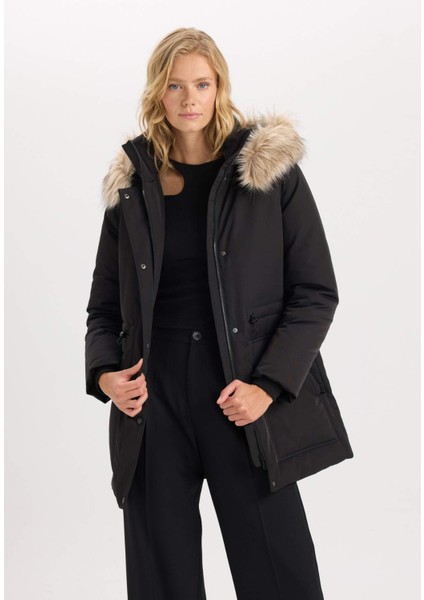 Su Geçirmez Şişme Mont Parka Oversize Geniş Kalıp Çıkarılabilir Suni Kürk Kapüşonlu Fermuarlı Çıtçıtlı Cepli A4074AX24WN