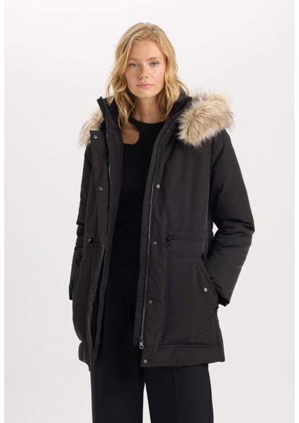 Su Geçirmez Şişme Mont Parka Oversize Geniş Kalıp Çıkarılabilir Suni Kürk Kapüşonlu Fermuarlı Çıtçıtlı Cepli A4074AX24WN