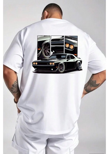 Erkek Oversize Tişört – Classic Amerikan Arabası Sırt Baskılı, Pamuklu, Günlük & Sokak Stili