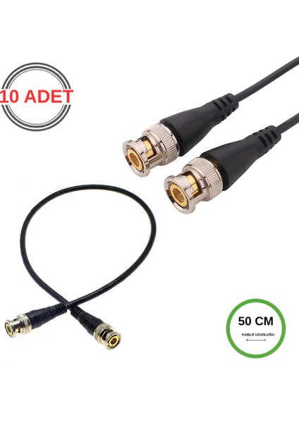 Bnc Kablo Erkek-Erkek Hazır Uçlu 0.5 mt - Siyah Cctv Görüntü Sinyal Kablosu - 10 Adet