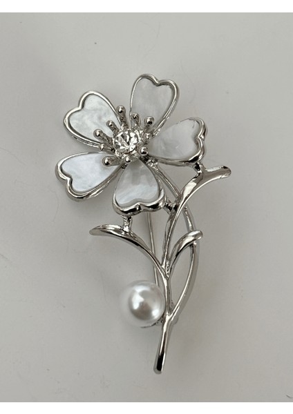 Inci ve Taş Detaylı Büyük Beyaz Çiçekli Silver Broş