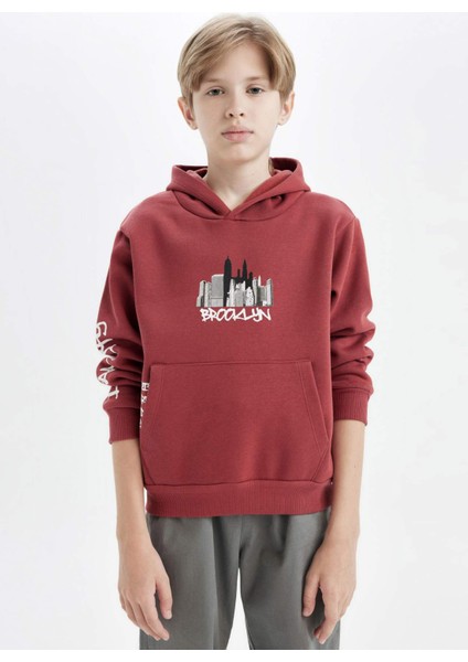 Erkek Çocuk Baskılı Kapüşonlu Kanguru Cepli Sweatshirt