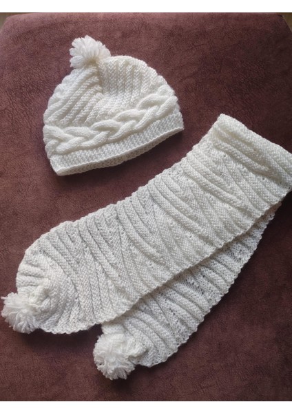 El Örgüsü Beyaz 1-3 Yaş Kız ve Erkek Çocuk Atkı-Bere Seti