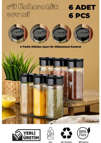 6'lı Cam Baharatlık Seti - Siyah