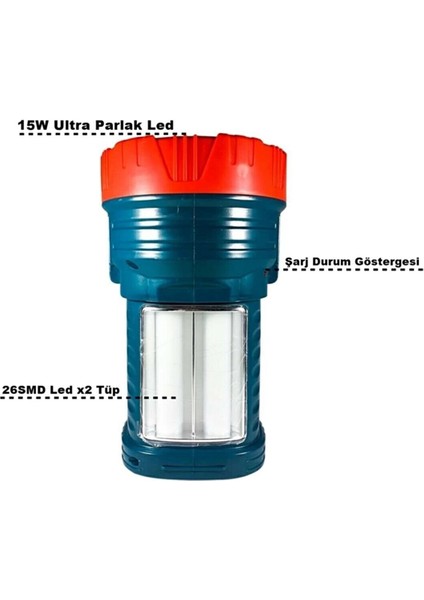 Projektör 15W LED Şarjlı El Feneri ve X2 Tüp 26SMD LED Çift Yönlü fiyatları
