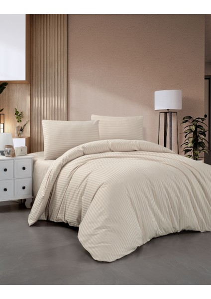 Pamuklu Çizgili Saten Çift Kişilik Çarşaflı Nevresim Takımı | Nevresim 200X220 | Çarşaf 240X260