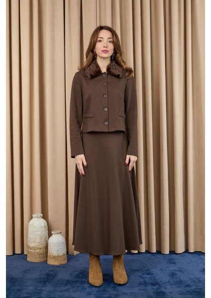 Kadın Leopar Detaylı Crop Ceket Etek Takım -14408TKS