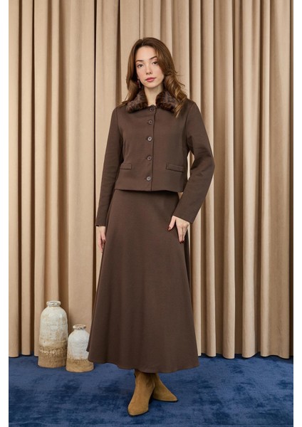 Kadın Leopar Detaylı Crop Ceket Etek Takım -14408TKS modelleri