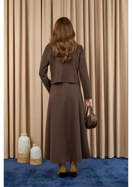 Kadın Leopar Detaylı Crop Ceket Etek Takım -14408TKS