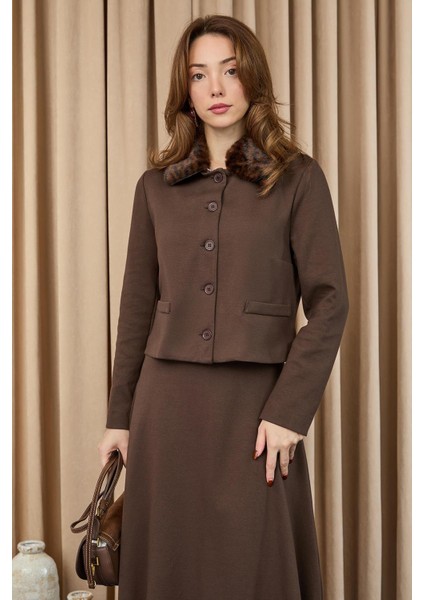 Kadın Leopar Detaylı Crop Ceket Etek Takım -14408TKS