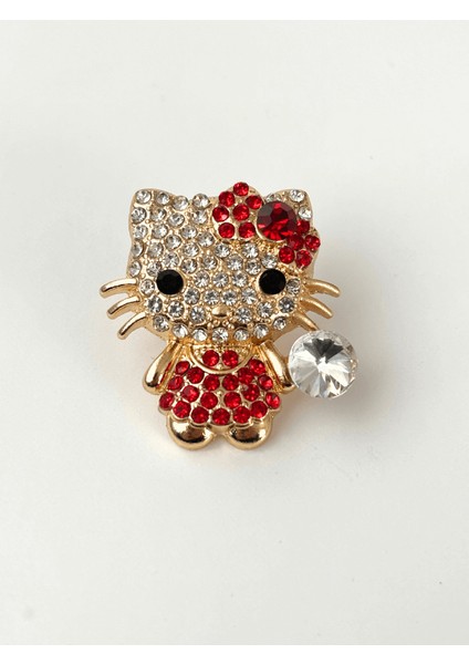 Hello Kitty Figürlü Kırmızı Işıltılı Parlak Taşlı Gold Broş