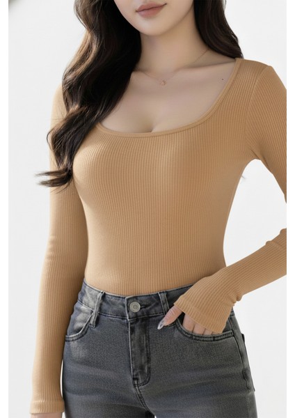 U Yaka Uzun Kollu Fitilli Crop Bluz