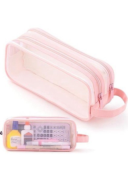 Grid Mesh Kalem Kutusu 2 Bölmeli Kalem Çantası Şeffaf Kalem Kesesi Genç Öğrenciler Için Şeffaf Makyaj Çantası - Mavi (Yurt Dışından)