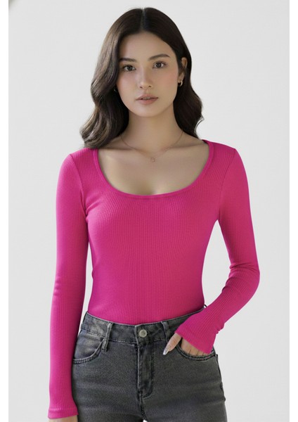 U Yaka Uzun Kollu Fitilli Crop Bluz