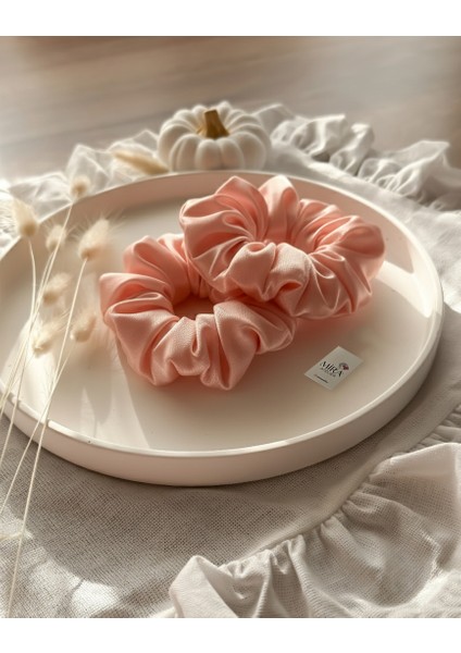 2'li Lüks Kadın Saten Toka - Pure Somon - Lastik Model Scrunchie - Anne Kız Kombini