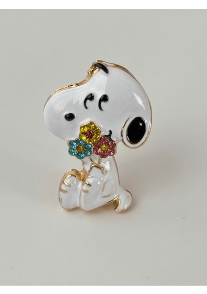 Snoopy Figürlü Renkli Çiçekli Gold Broş