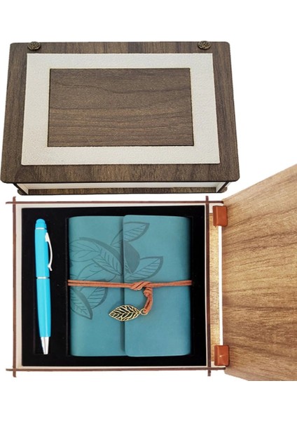 Özel Ahşap Kutulu Deri Defter ve Kalem Set