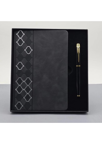 Desenli Siyah Deri Defter Kalem Set