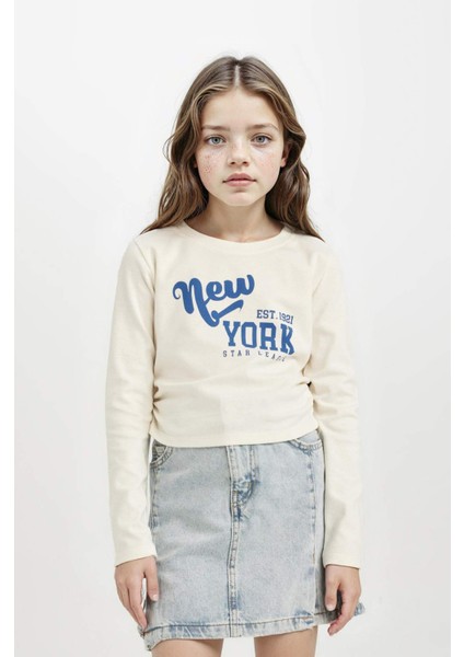 Kız Çocuk Cropped Fit Bisiklet Yaka Baskılı Ribana Uzun Kollu Tişört