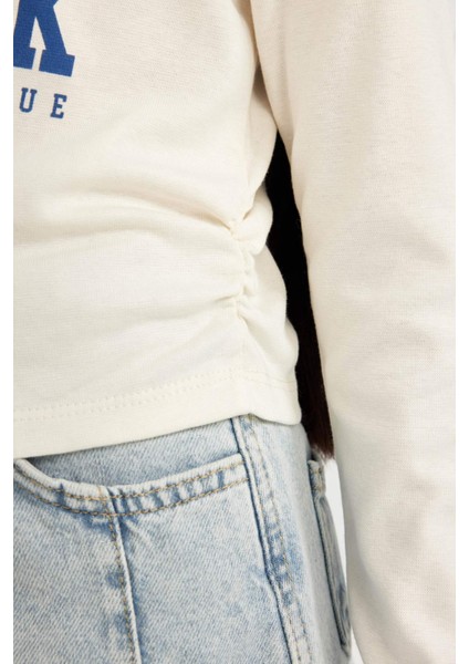 Kız Çocuk Cropped Fit Bisiklet Yaka Baskılı Ribana Uzun Kollu Tişört