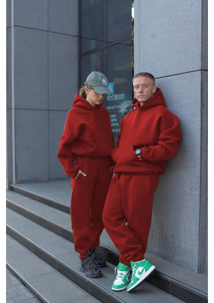 Kadın Erkek Çiftlere Özel 3 Iplik Kalın Oversize Kapüşonlu Eşofman Takımı – Tekli