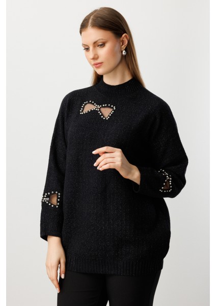 Kadın Büyük Beden Taşlı Transparan Detaylı Triko Kazak 60306 Siyah