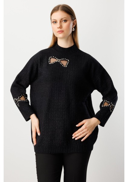 Kadın Büyük Beden Taşlı Transparan Detaylı Triko Kazak 60306 Siyah fiyatları