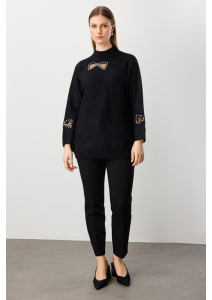 Kadın Büyük Beden Taşlı Transparan Detaylı Triko Kazak 60306 Siyah modelleri