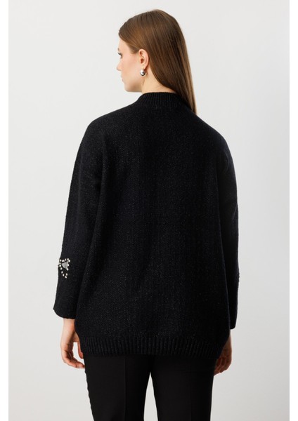 Kadın Büyük Beden Taşlı Transparan Detaylı Triko Kazak 60306 Siyah fırsatları