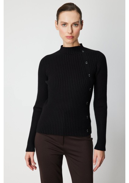 Kadın Süs Düğmeli Fitilli Triko Kazak 69312 Siyah