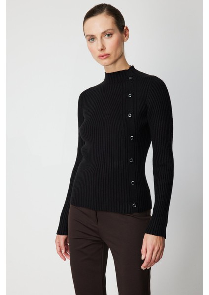 Kadın Süs Düğmeli Fitilli Triko Kazak 69312 Siyah fiyatları