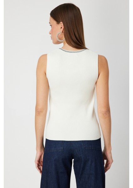 Kadın Yakası Taşlı Kolsuz Triko Kazak 65394 Ekru fırsatları