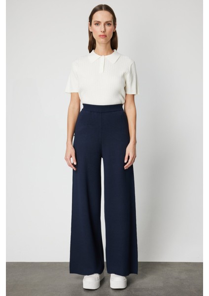 Kadın Cebi Taş Detaylı Bol Paça Triko Pantolon 63919 Lacivert