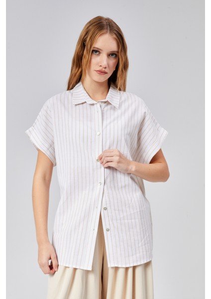 Kadın Çizgili Kol Katlamalı Kısa Kol Keten Gömlek