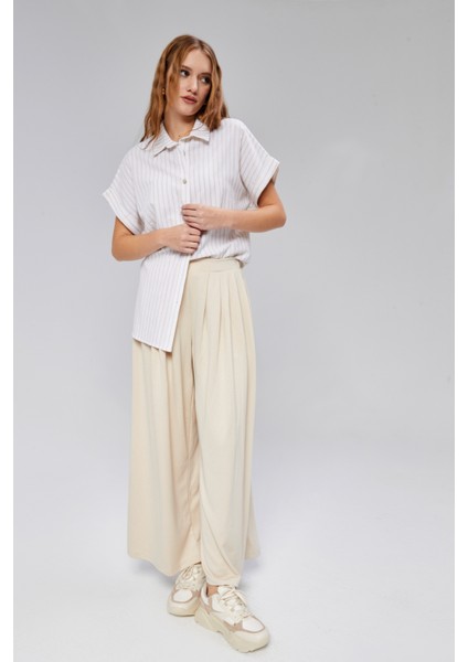 Kadın Çizgili Kol Katlamalı Kısa Kol Keten Gömlek fiyatları