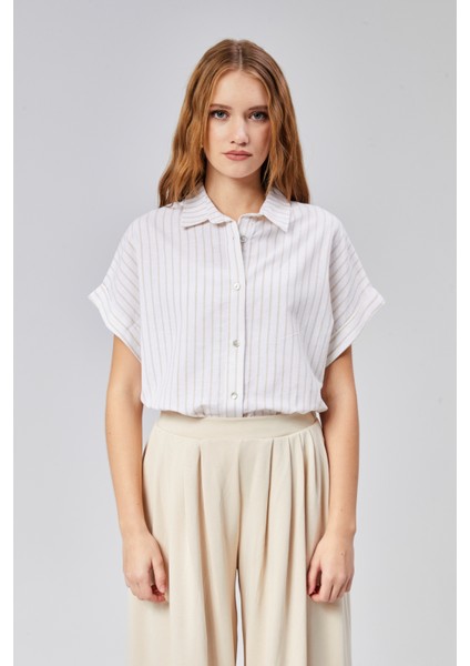 Kadın Çizgili Kol Katlamalı Kısa Kol Keten Gömlek modelleri