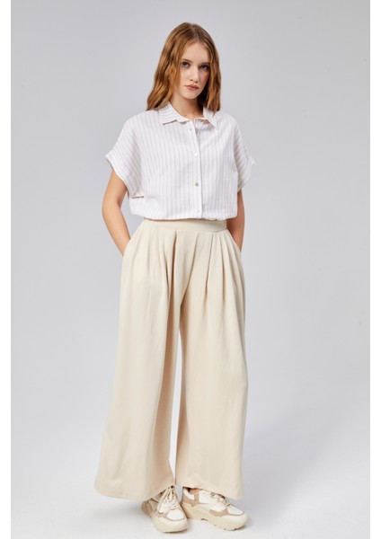 Kadın Çizgili Kol Katlamalı Kısa Kol Keten Gömlek fırsatları