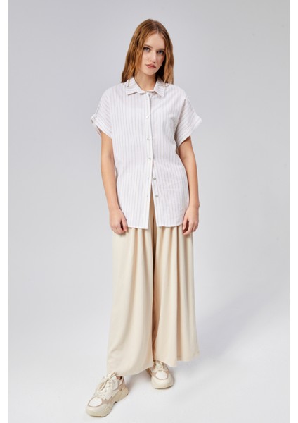 Kadın Çizgili Kol Katlamalı Kısa Kol Keten Gömlek indirimleri
