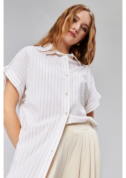 Kadın Çizgili Kol Katlamalı Kısa Kol Keten Gömlek