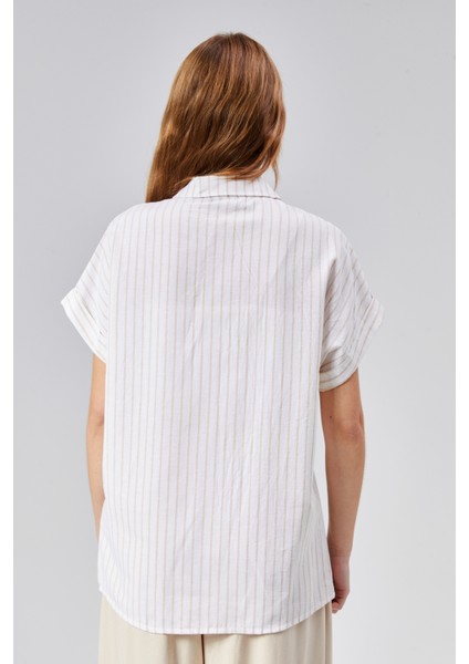 Kadın Çizgili Kol Katlamalı Kısa Kol Keten Gömlek