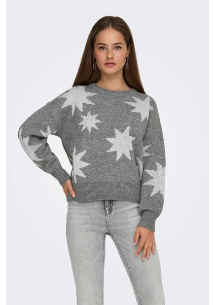 Kadın Onlrosıe Yıldız Desenli Bisiklet Yaka Örme Kazak 15328250 Gri