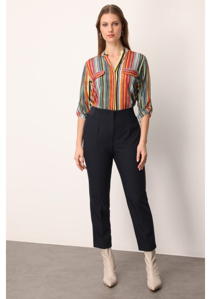 Kadın Büyük Beden Beli Kalın Lastikli Boru Paça Pantolon 1111 Lacivert