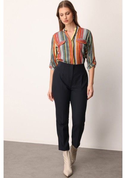 Kadın Büyük Beden Beli Kalın Lastikli Boru Paça Pantolon 1111 Lacivert fiyatları