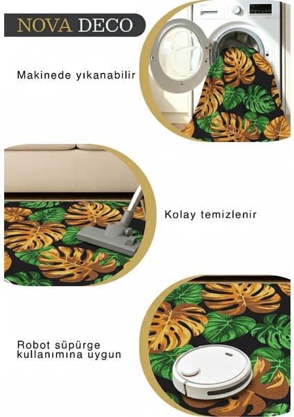 Modern Tropikal Yaprak Desenli Yıkanabilir Halı | Kaymaz Taban Salon Mutfak Halısı modelleri
