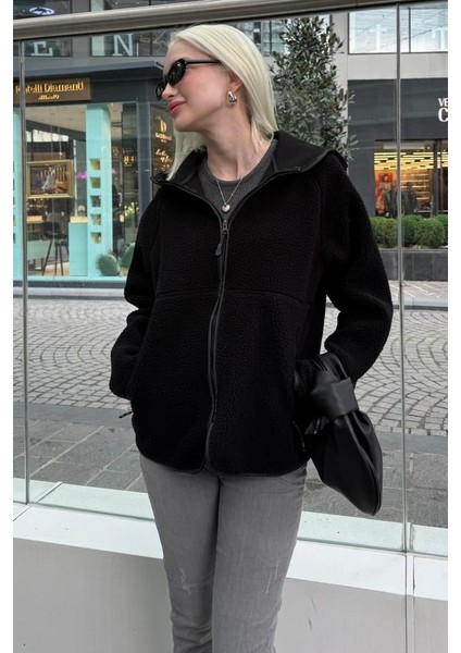 Siyah Fermuarlı Kapüşonlu Polar Kadın Ceket MG2569
