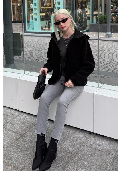 Siyah Fermuarlı Kapüşonlu Polar Kadın Ceket MG2569 fiyatları