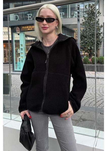 Siyah Fermuarlı Kapüşonlu Polar Kadın Ceket MG2569 modelleri