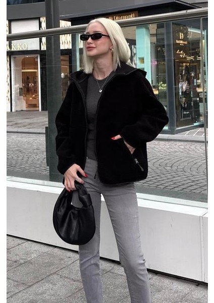 Siyah Fermuarlı Kapüşonlu Polar Kadın Ceket MG2569 fırsatları